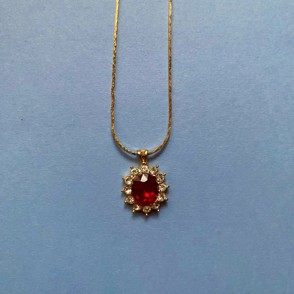 Vintage Gold and Red Necklace with Sunburst Pendant